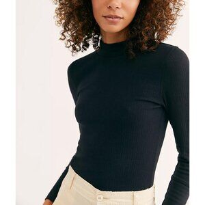Free People Black Ribbed Mock Neck Long Sleeve Tee
